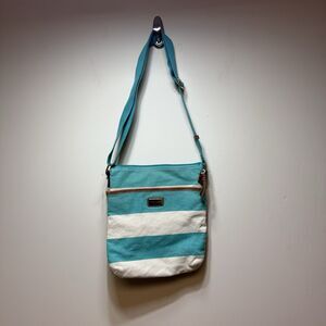 Tommy Hilfiger Striped Crossbody Bag Teal White Zipper Handbag Purse